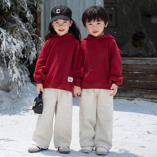 2024 Andorra Red Parent-Child Set for Boys and Girls - Autumn/Winter New Korean Style Cow Horn Hooded Sweatshirt - Loose Couple Style