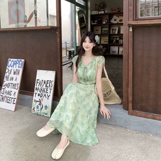 轻奢感名媛风气质法式碎花网纱吊带连衣裙绿色高腰显瘦长裙子