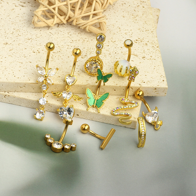 Amazon New Inlaid Zircon Love Belly Button Ring Butterfly Inverted Belly Button Nail Snake Belly Button Ring Piercing Jewelry 10 Pieces detail image 9