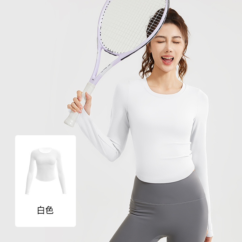 Juyi Tang nuevo deporte de mangas largas desnudas camiseta deportiva de correr delgada apertada sin sujetador ropa de yoga para mujeres