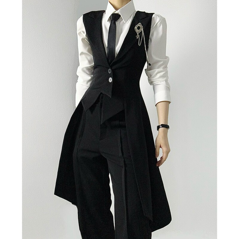 Abstinence-Style Black Suit Set for Men, Spring and Autumn Formal Wear, Slim-Fit Unisex Style Vest, Waist-Cinching Blazer with Peaked Lapels