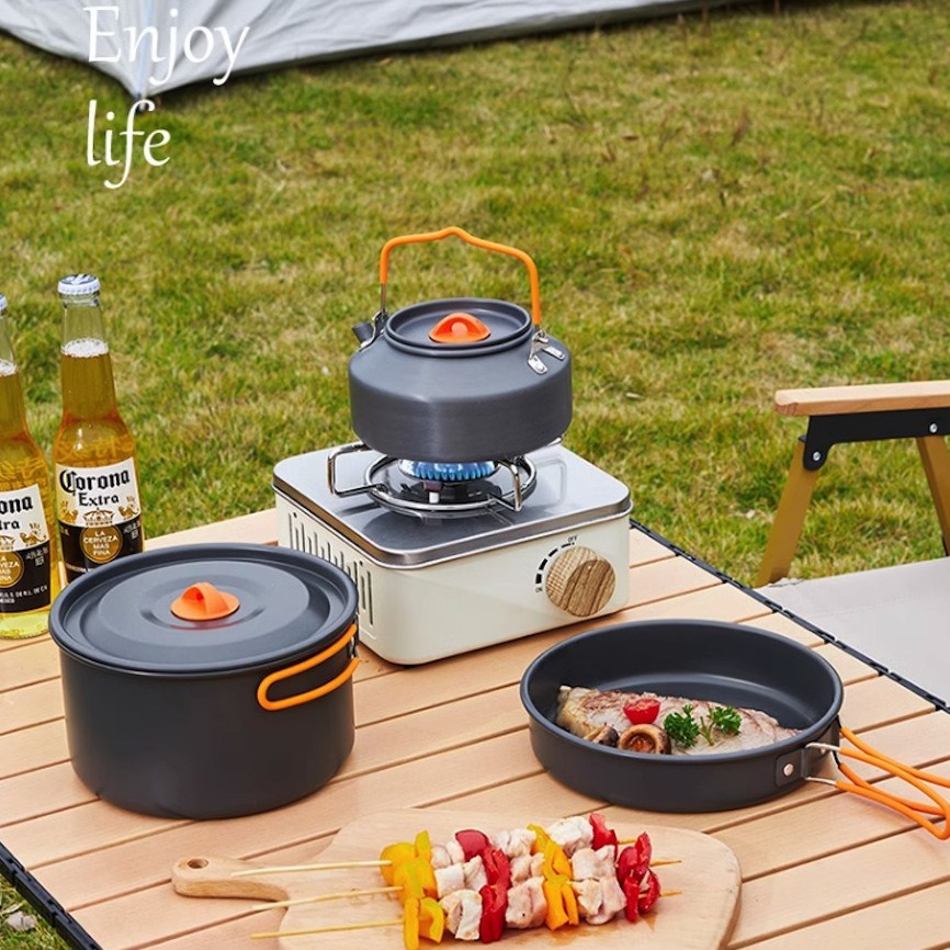 Utensilios de cocina al aire libre, juego de ollas, vajilla de camping, utensilios de camping, equipo de camping, juego completo de tetera, sartén, horno de tarjeta de cocción, transfronterizo