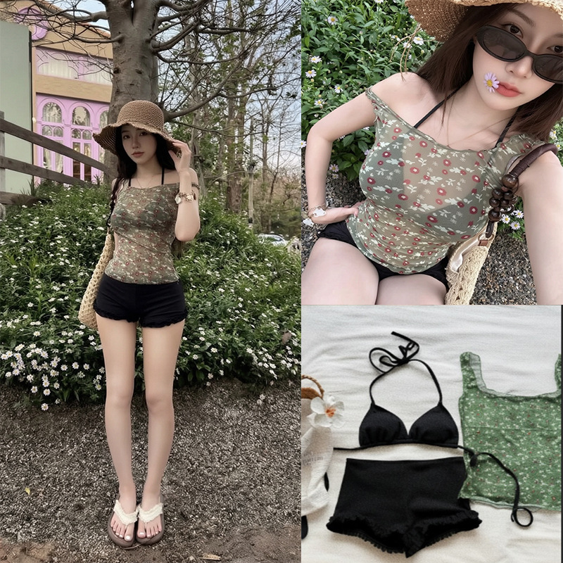 French-style women's swimsuit, new Korean ins floral semi-transparent cover-up, three-piece set with split boxer shorts bikini