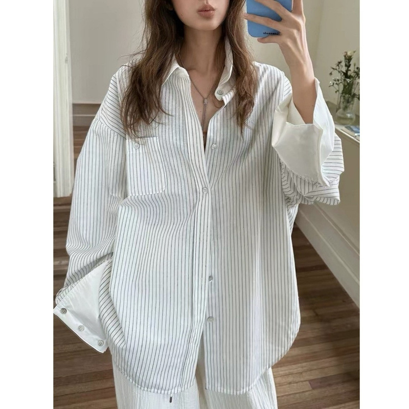 MORESHOP Stylish Concept Retro Linen-Cotton White Vertical Striped Wide-Sleeve Shirt for Women, Patchwork Long-Sleeve Top MORESHOP Stylish Concept Retro Linen-Cotton White Vertical Striped Wide-Sleeve Shirt for Women, Patchwork Long-Sleeve Top