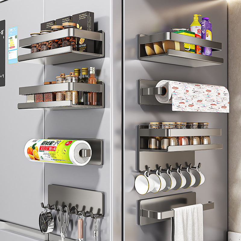 Kitchen magnetic refrigerator shelf outside storage spice rack paper towel cling film rack household punch-free hook