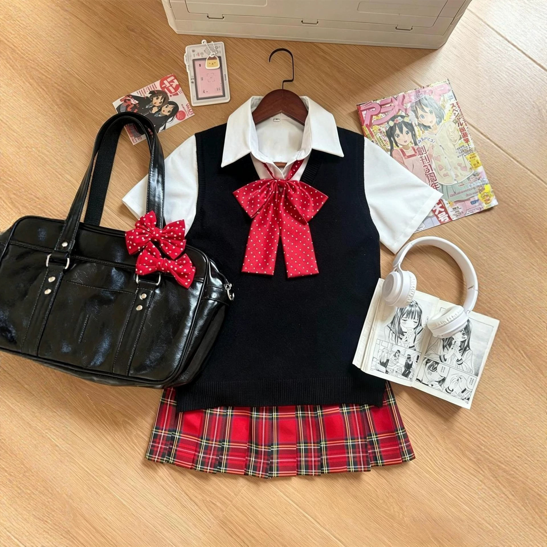 Japanese JK uniform pullover vest sweater versatile basic preppy style layered vest and original plaid skirt set for women