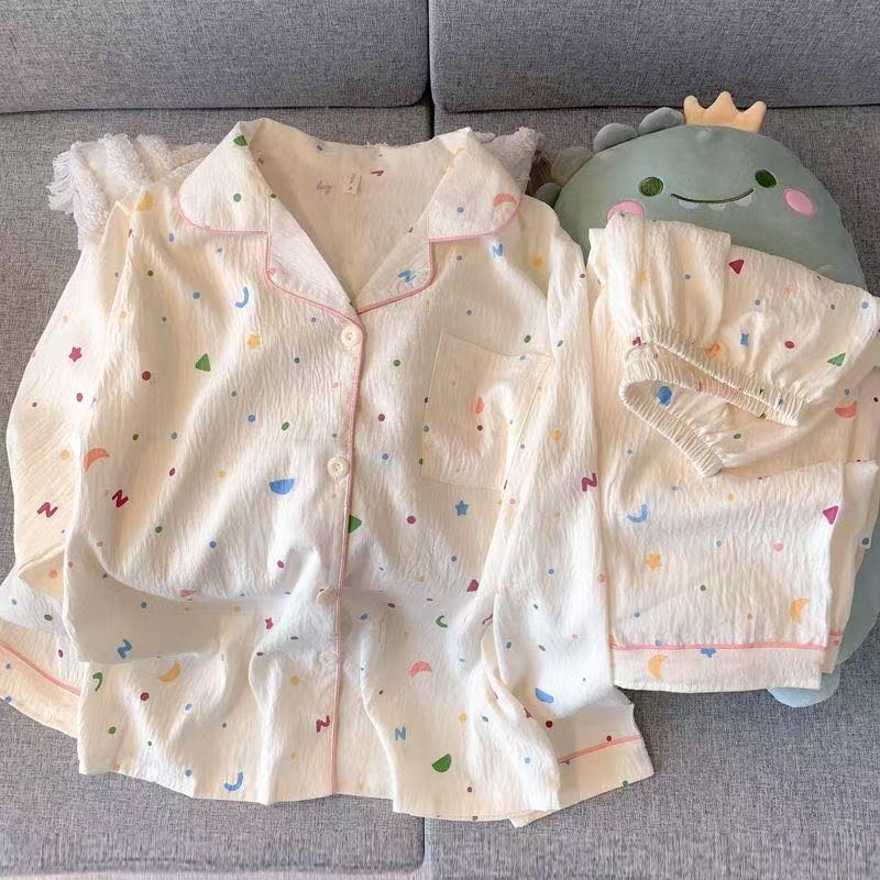 Transfronterizo al por mayor otoño nubes de algodón color sólido KT pijamas de mujer pantalones de manga larga cardigan con solapas lindos dibujos animados ropa para el hogar