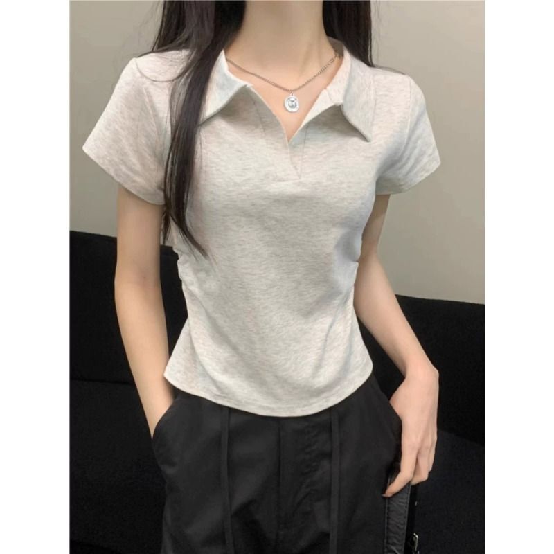 Waist-Cinching Polo Collar Short-Sleeve T-Shirt for Women, Summer Cotton Sweet and Spicy Style, Slim-Fit, Short, Solid Color V-Neck Top Waist-Cinching Polo Collar Short-Sleeve T-Shirt for Women, Summer Cotton Sweet and Spicy Style, Slim-Fit, Short, Solid Color V-Neck Top
