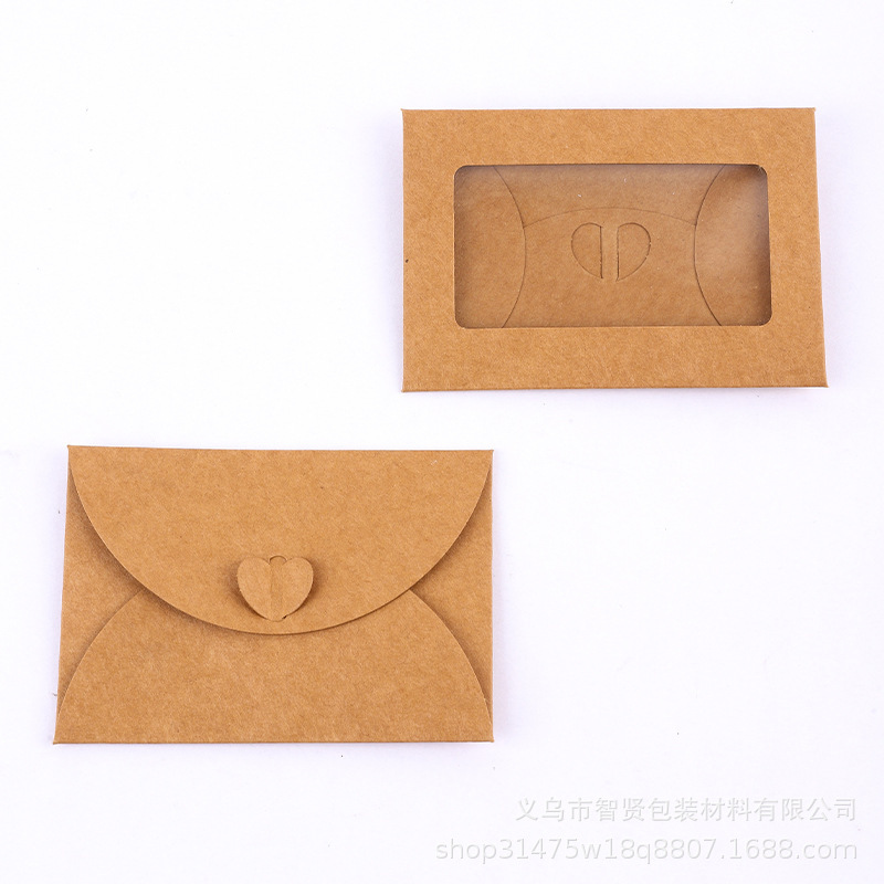 亚马逊复古牛皮纸开窗贴窗PET爱心扣彩色信封会员卡创意小信封|undefined