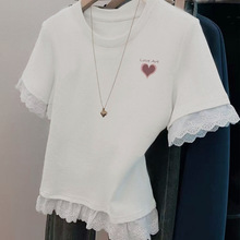 蕾丝拼接白色纯棉短袖T恤女2025夏季新款洋气修身显瘦短款上衣女