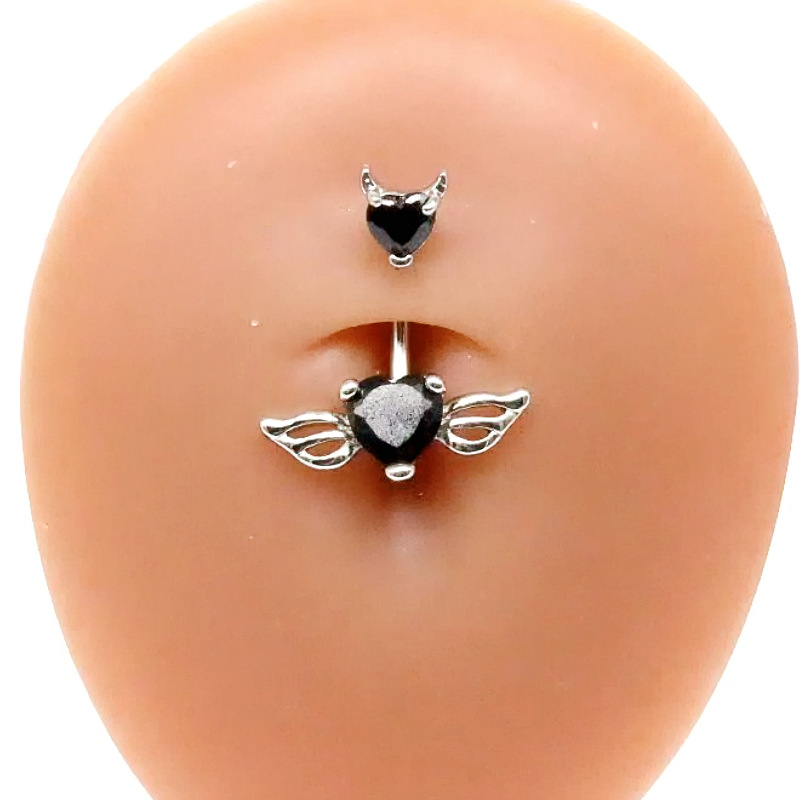 Hot Girl Belly Button Ring Heart Angel Wings Dangle with Teeth - Copper Body Piercing Jewelry detail image 10