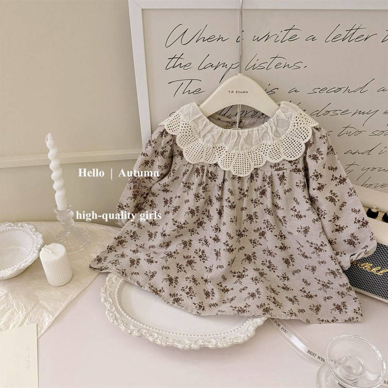 [Qi] ropa infantil coreana bebé primavera y otoño 2025 encaje muñeca color curry cuello dulce vestido de princesa moda