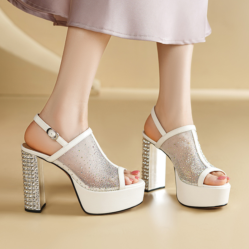 Sandal cao gót nữ đính đá lưới, đế xuồng siêu cao gót, mũi hở kiểu La Mã — đen