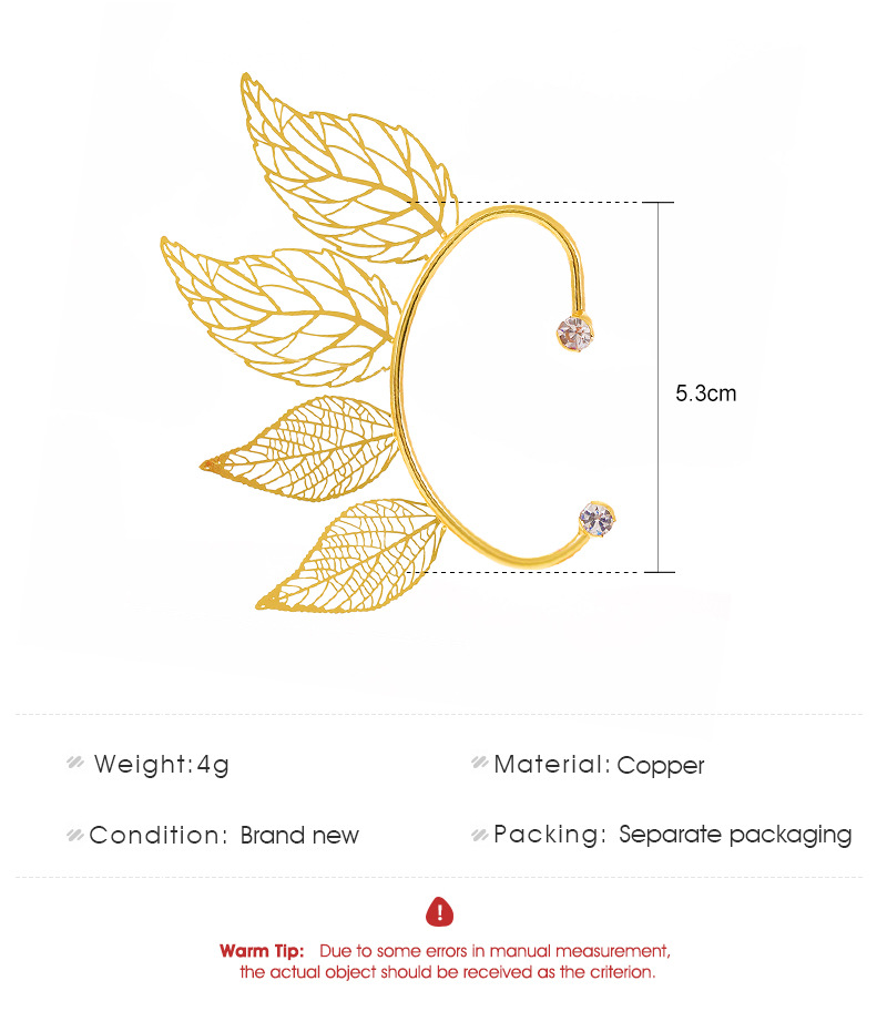 Women's Fairy Style Leaf Copper No Inlaid Earrings Hollow Out Clip&cuff Earrings display picture 1