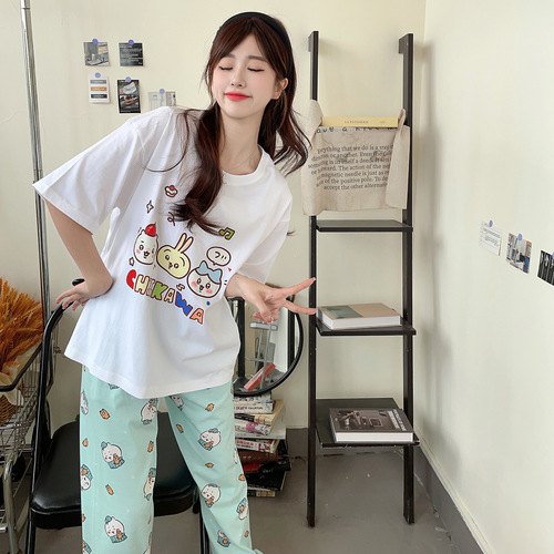 Women's Summer 2024 New Gi Yee Pajama Set with Pure Cotton, Round Neck, Short Sleeve, Long Pants, Casual, Cute Cartoon Design, Wearable Outside