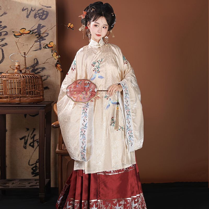 Original Ming-made Hanfu Women's 2024 New Arrival Autumn and Winter Antique Long Shirt with Neck Collar Embroidered Women's Suit