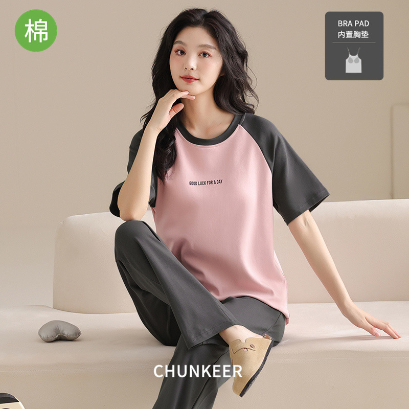 Cotton Pajamas Women's Summer Short-sleeved Trousers with Chest Pad suit Cotton Pullover Round Neck Casual Outfit Home Clothes