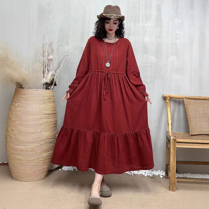 2025 New Autum Double-Layer Cotton Yarn Embroidered Round Neck Dress Round Neck Loose Extended Elegant Cake Skirt Long Skirt