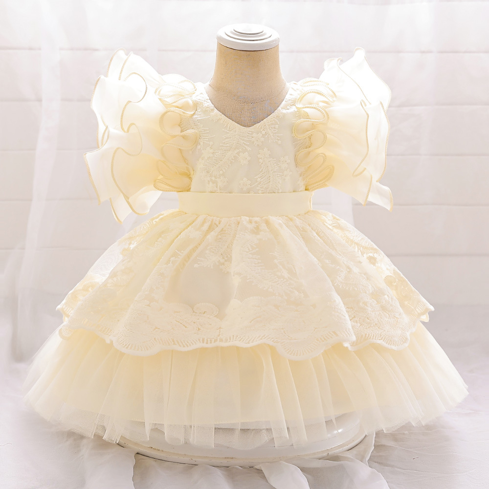Vestido de niños nuevos europeos y americanos manga voladora color sólido niña pettiskirt vestido de un año vestido de princesa de cumpleaños de bebé