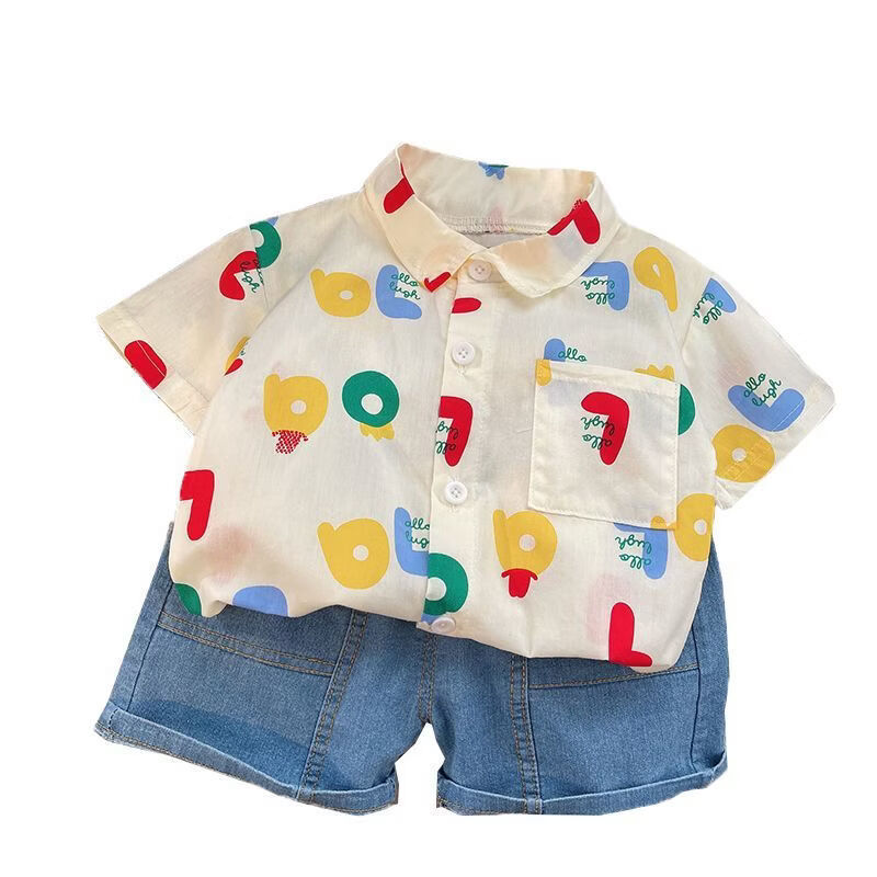 Summer Boys' Casual Outfit Baby Cotton Loungewear Children's Cartoon Collared Pullover Shorts Set