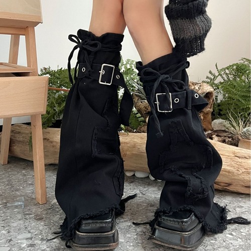 Y2K Hot Girl Black Denim Leg Covers Slim Flare Drawstring Pile Socks Cross Design Boot Covers Trendy Sock Covers