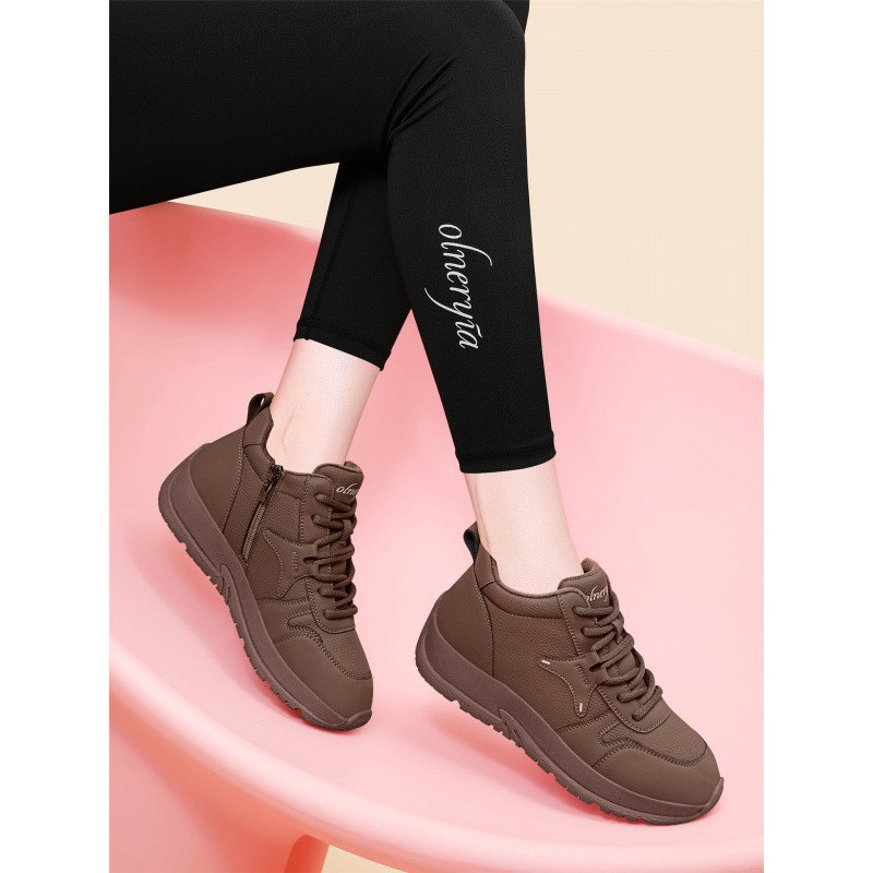 Brown Casual Sports Shoes for Women 2025 New Autumn and Winter Fleece-Lined Cotton Shoes Soft Sole Lightweight Running Travel Shoes