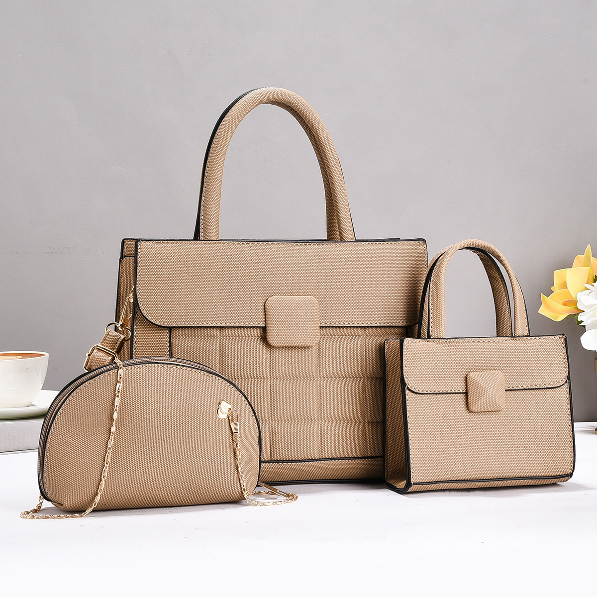 1035g Weight Polyester Lining Material Zipper, Buckle Closure Type Women's PU Plaid Elegant Square Zipper Buckle Bag Sets