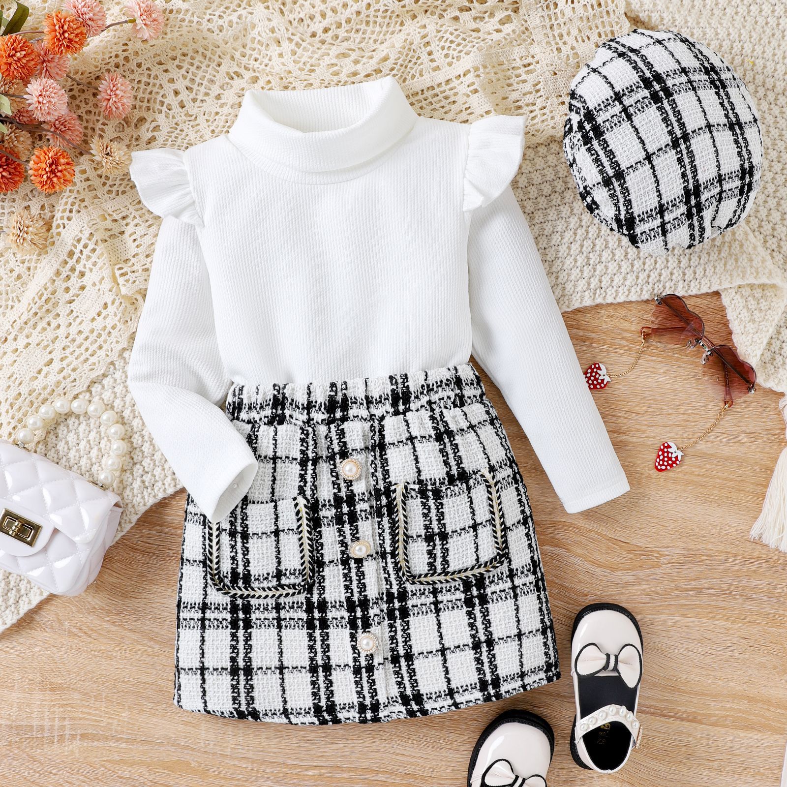 Autumn winter medium-sized children's with high collar cotton top, small fragrant checkered short skirt, and hat three_voghion.com