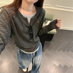 拼接撞色设计感小众长袖T恤女春秋修身韩版打底衫内搭假两件上衣1