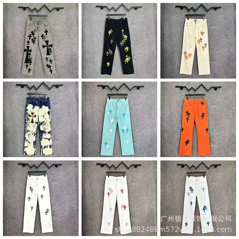 美式高街潮牌十字架梵文贴皮水洗做旧男女同款休闲宽松直筒牛仔裤