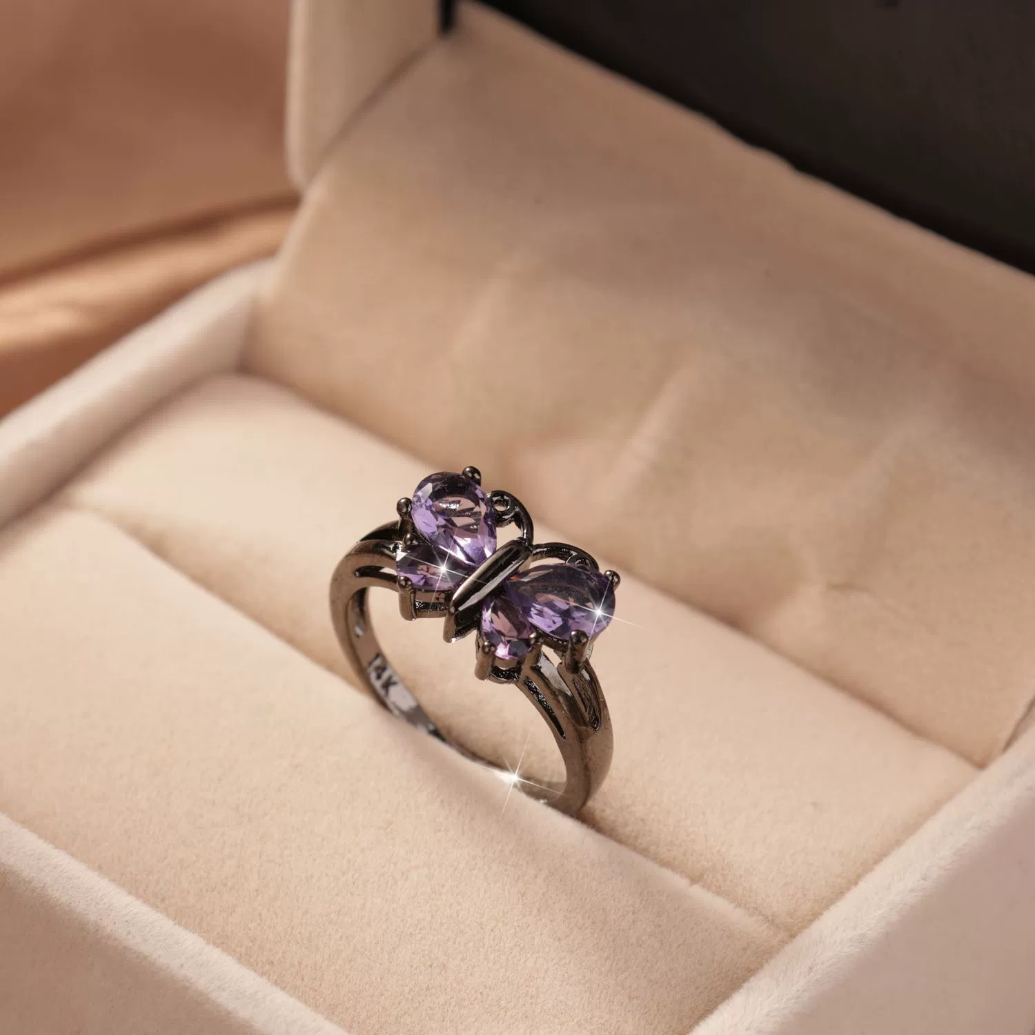 Свадебные кольца с медным покрытием из черного золота розовый фиолетовый кристалл циркон кольцо бабочка стиль дизайн кольца для мужчин и женщин