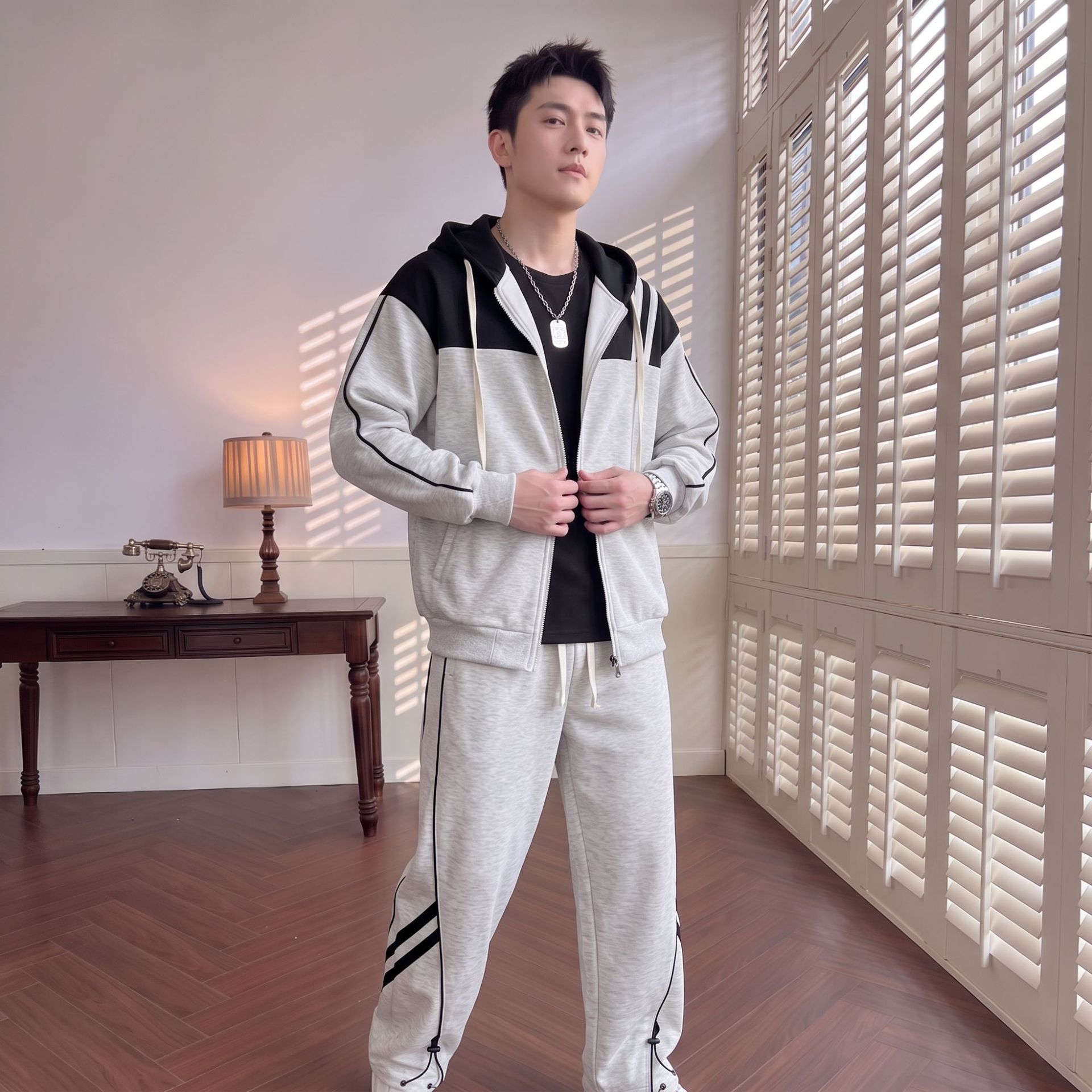 Primavera y otoño nuevos pantalones sueltos de hombre chaqueta de dos piezas juvenil guapo versátil cardigan con sombrero sweaters