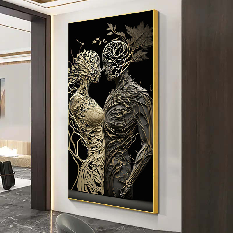 现代双人帆布画优雅的黑白人物与复杂的花卉图案优雅的墙壁艺术