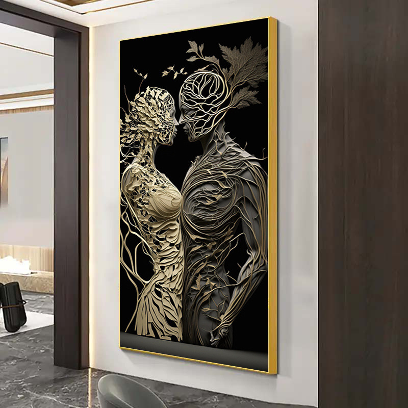 Modern Double Canvas Painting Featuring Elegant Black and White Figures with Intricate Floral Patterns, Elegant Wall Art Modern Double Canvas Painting Featuring Elegant Black and White Figures with Intricate Floral Patterns, Elegant Wall Art