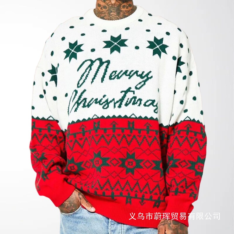 Cross-Border Men's Clothing European and American Retro Christmas Long-Sleeved Sweater Round Neck Pullover Holiday Party Knitwear Sy Wholesale