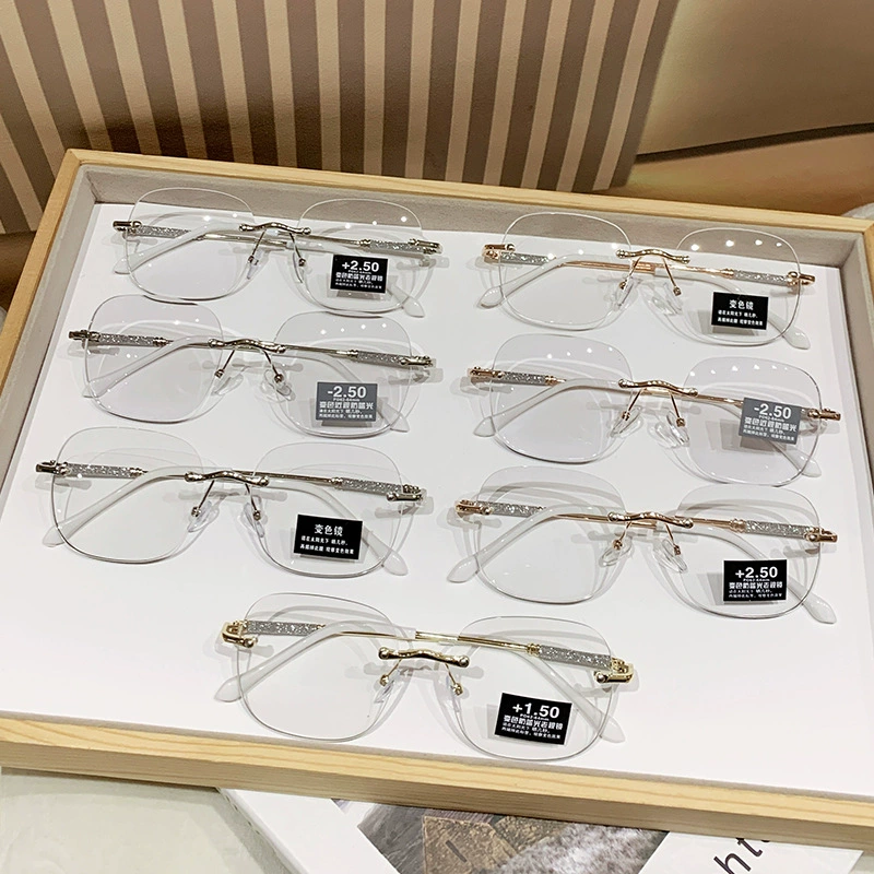 2025 меняющие цвет безрамочные очки для чтения HD модные металлические очки для чтения с защитой от синего света элегантные сверхлегкие очки для пожилых людей