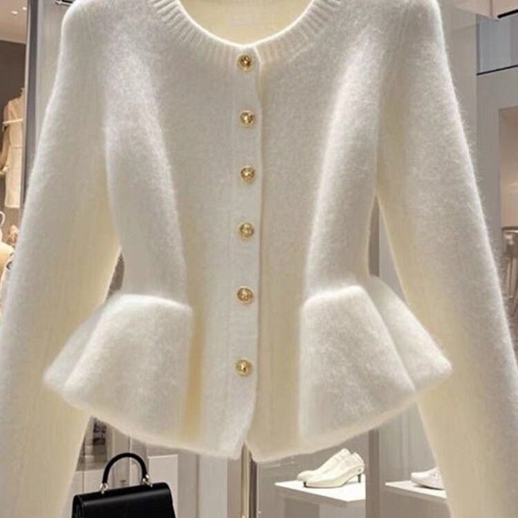 Round Neck, Sweet Long Sleeves, Goddess Style Autumn and Winter New European and American Ruffled Knitted Cardigan French Top with Waist