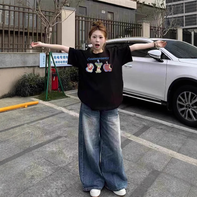 Cotton Short-sleeved T-shirt Women's 2025 New plus size Summer Shoulder Design Niche American Loose Half-sleeved Top