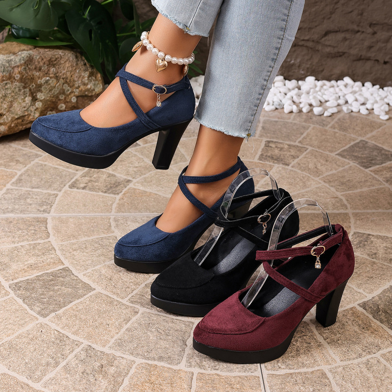 2026 New Summer Women's Shoes, Suede Cross-Strap Chunky Heels, Platform Round-Toe High Heels