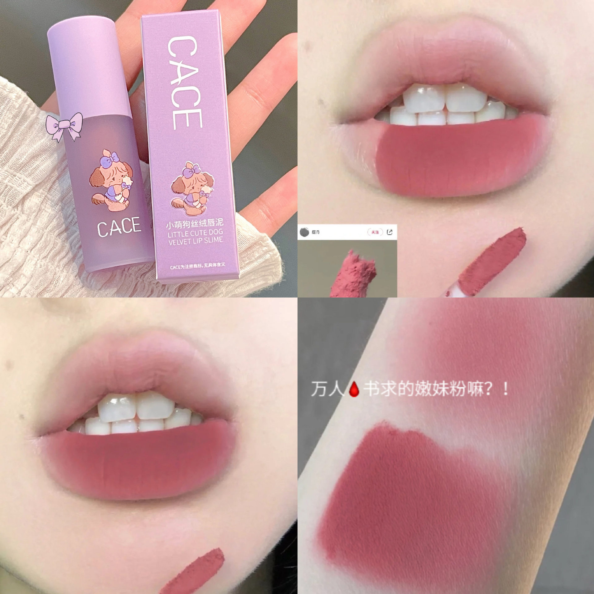 CACE Little Cute Dog Velvet Lip Gloss is available in six colors for long-lasting makeup. It is a versatile new product with a matte lip gloss that can be used for color and whitening. Wholesale undefined