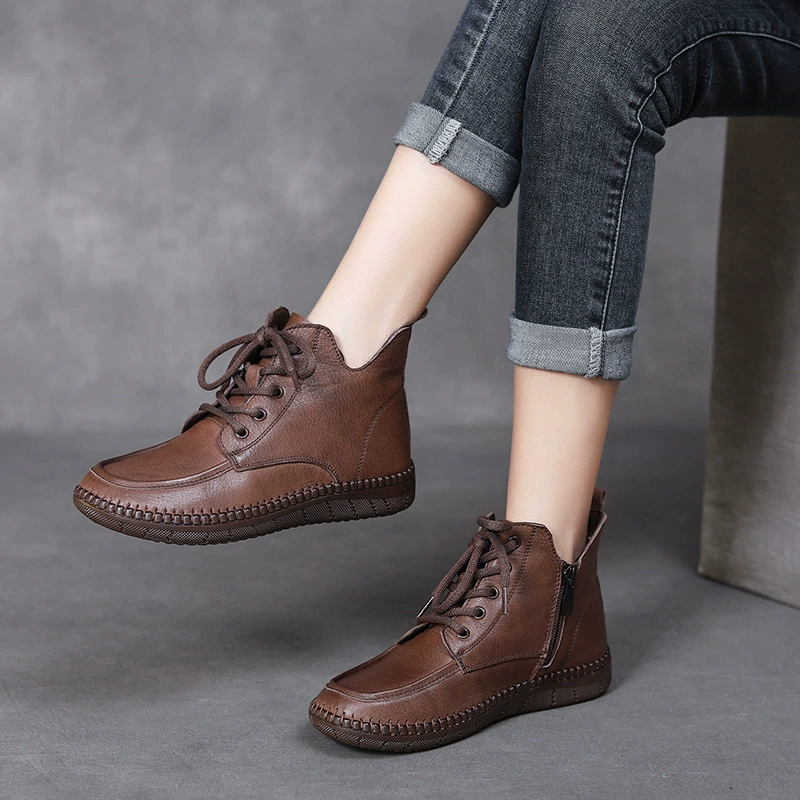 Туфли на плоской подошве первого слоя из воловьей кожи, женская новая обувь для беременных, осенне-зимние однослойные сапоги, обувь для матери с мягкой подошвой, повседневные Сухожильные короткие сапоги