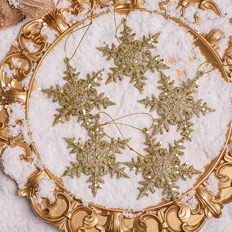 Decoraciones de Navidad personalizadas polvo de Navidad copos de nieve de plástico dorado pequeño colgante colgante conjunto de accesorios