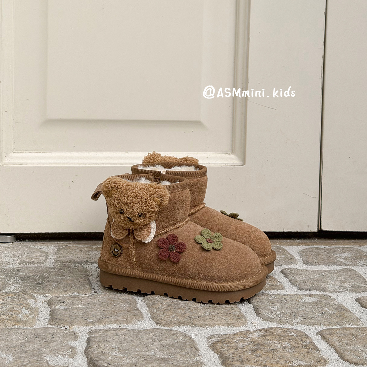 Cute Little Bear Snow Boots for Boys, Thickeneded Velvet Leather Warm Cotton Boots, Girls' Non-Slip Short Boots, Baby Boots