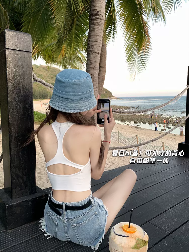 纯棉美背挂脖小吊带背心女带胸垫春夏季外穿文胸一体内搭抹胸上衣