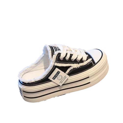 Canvas Bucket Hat Half Slippers Women 2025 Spring New Thick Sole Outer Wear Lazy Heel Inner Heel White Shoes