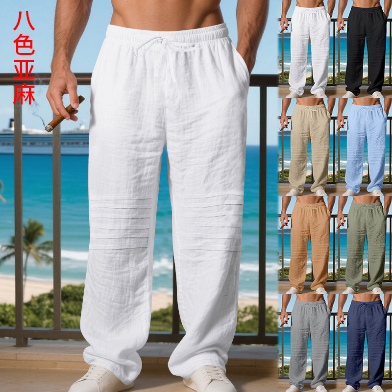 Cross-Border Amazon Autumn New American Style Loose Linen Casual Trendy Pleated Simple Breathable Straight-Leg Long Pants for Men
