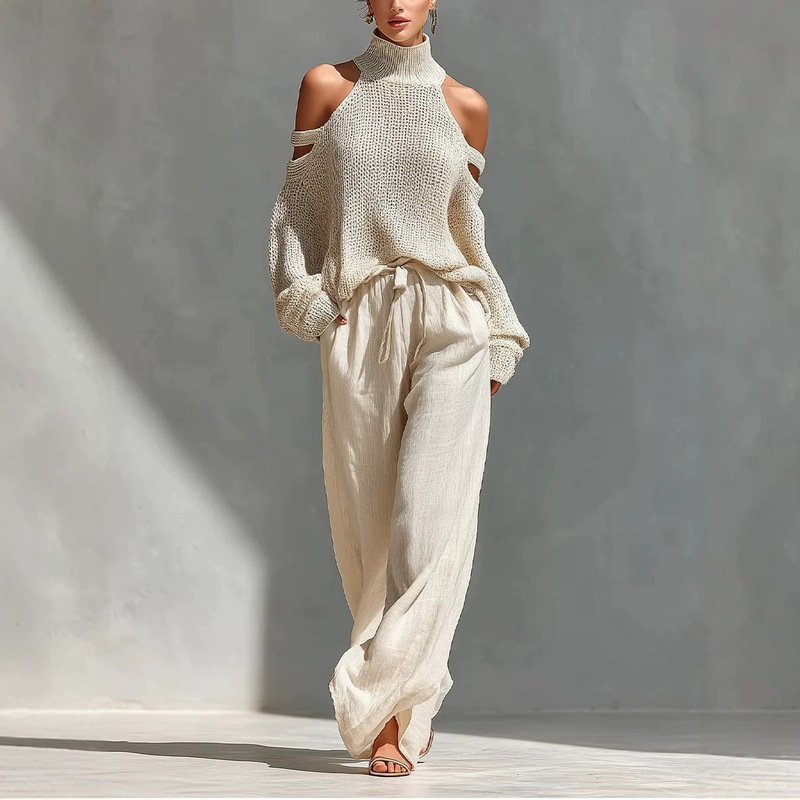 American Resort-Style Halter Neck Cold-Shoulder Knit Top, High-Neck Double Side-Cut Off-Shoulder Loose Coarse-Knit Hollow-Out Sweater American Resort-Style Halter Neck Cold-Shoulder Knit Top, High-Neck Double Side-Cut Off-Shoulder Loose Coarse-Knit Hollow-Out Sweater