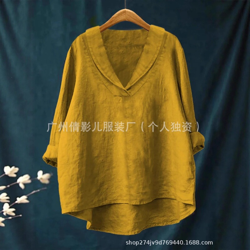 Cross-Border Foreign Trade 2025 New Style Solid Color Pullover V-Neck Loose-Fitting Elegant Artistic Top Shirt Cross-Border Foreign Trade 2025 New Style Solid Color Pullover V-Neck Loose-Fitting Elegant Artistic Top Shirt