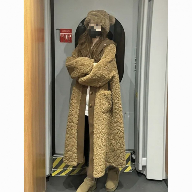 Lamb Wool Fur Integrated Mid-Length Plush Outwear for Women Winter Korean Style Thickeneded Warm Fake Two-Piece Hooded Outwear
