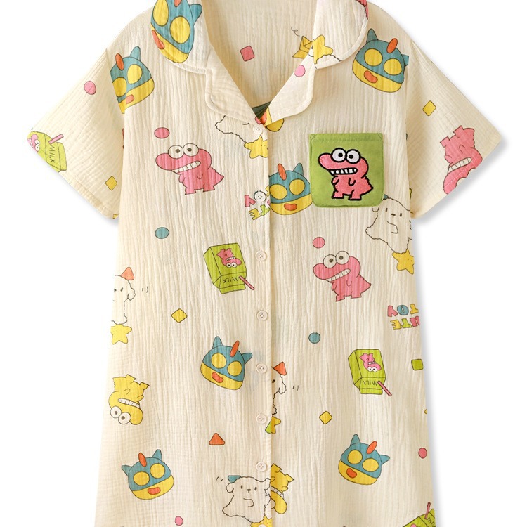 Verano nuevo estilo de imitación vestido de pijama de mujer lindo dibujo animado dinosaurio dulce vestido de pijama casero delgado transmisión en vivo